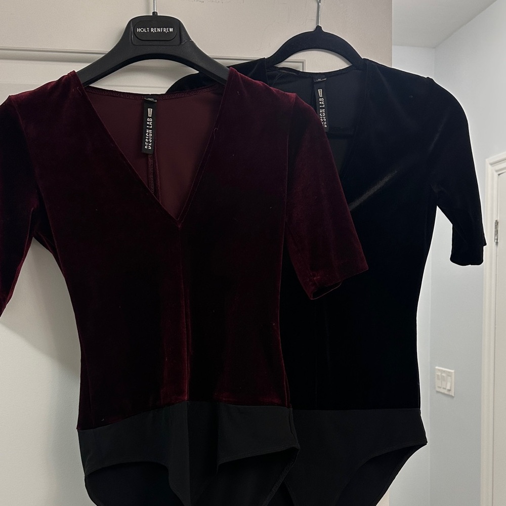 Velvet V-Neck Bodysuit in Burgundy and Black